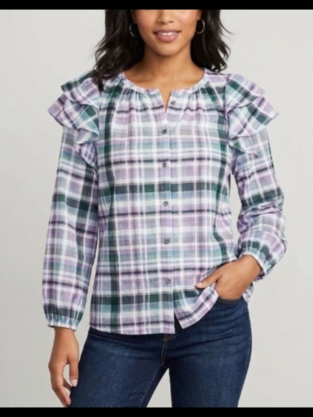 Ann Taylor Lavender and Green Plaid Ruffle Shoulder Button-Down Top